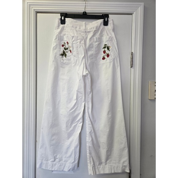 Maeve Pants - Maeve Anthropologie Colette White Wide Leg Strawberry Embroidered Pants 29